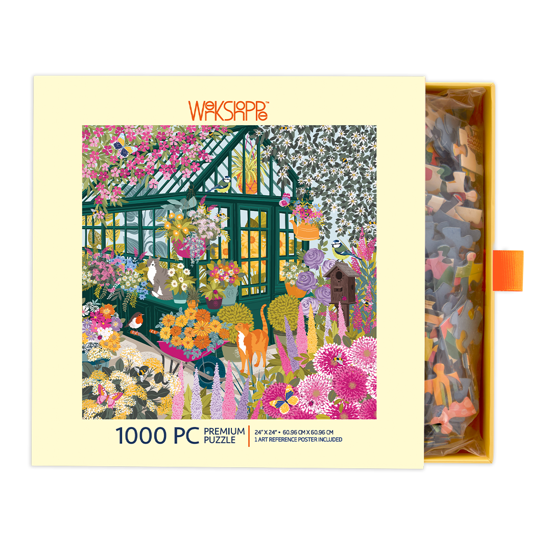 Werkshoppe 1000 piece puzzle box with a colorful garden design on a white background