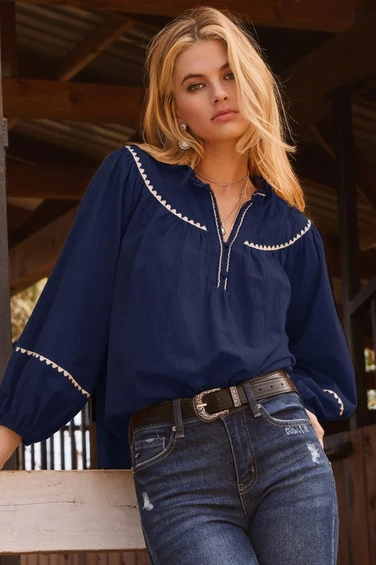 Embroidery Ruffle Neckline Blouse — alternate view 3