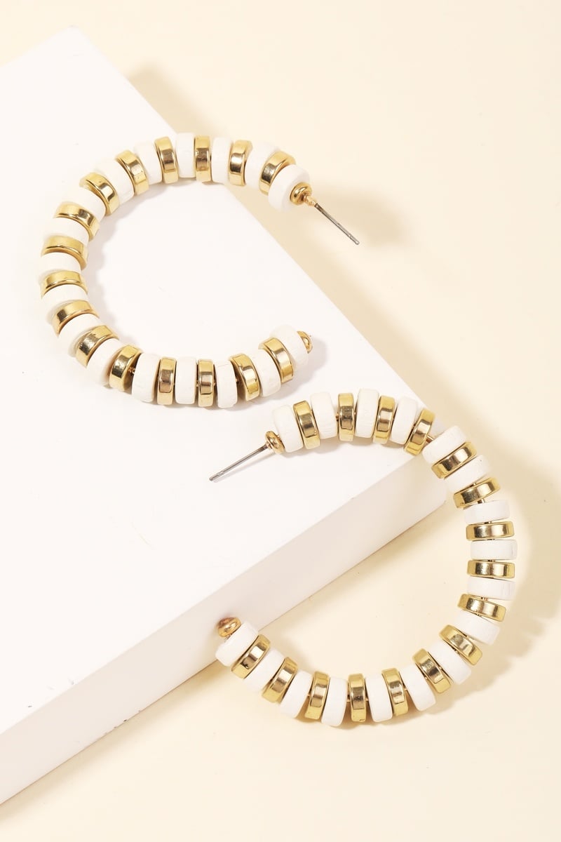 Metallic and Matte Beaded Hoop Earrings - White