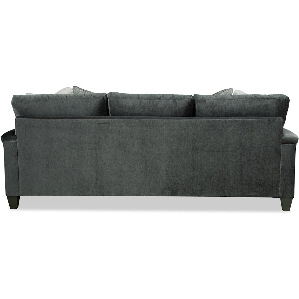 Back view of a charcoal gray upholstered three-cushion sofa with dark wooden feet.