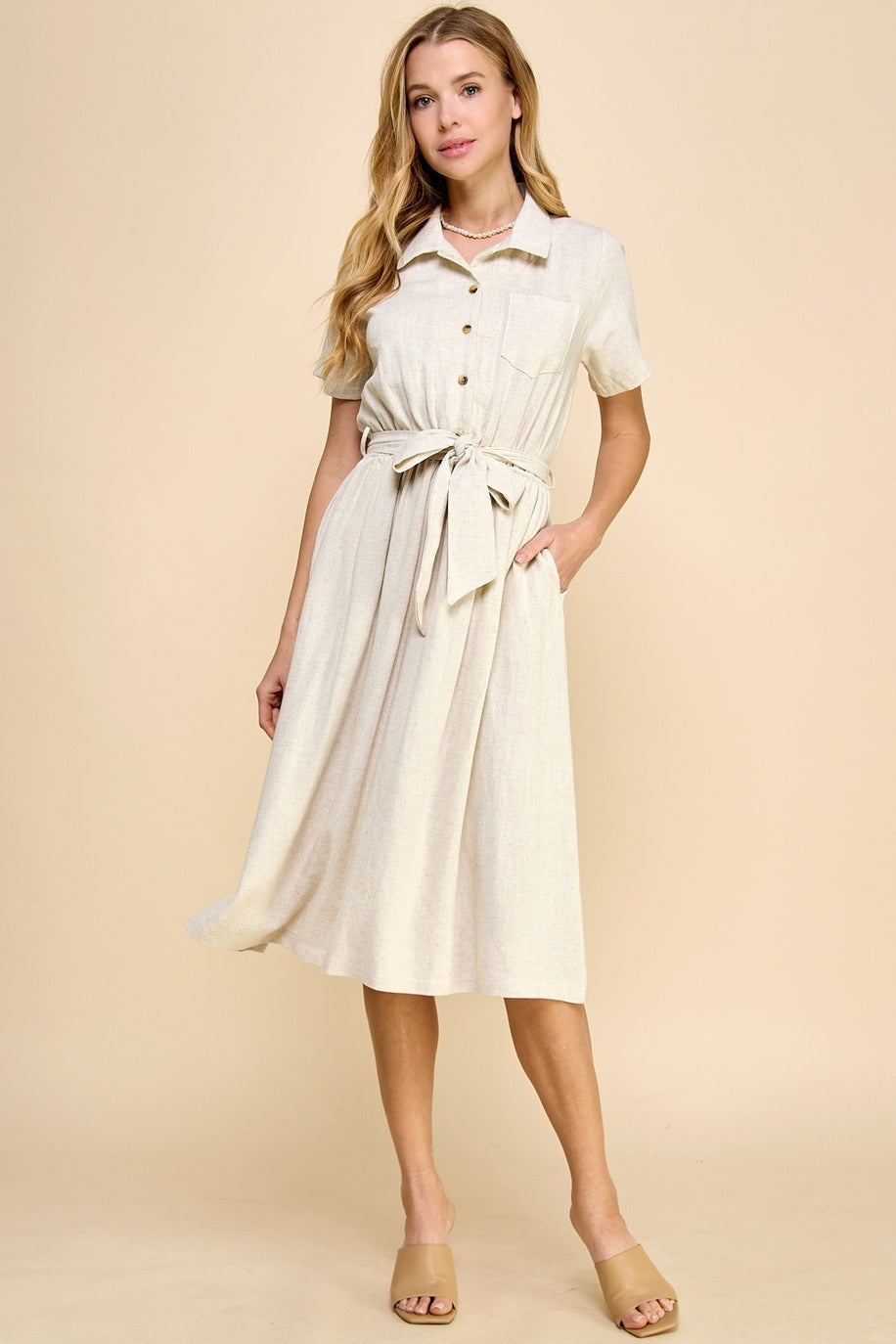 Linen Dress with Pockets and Waist Tie Detail — alternate view 3