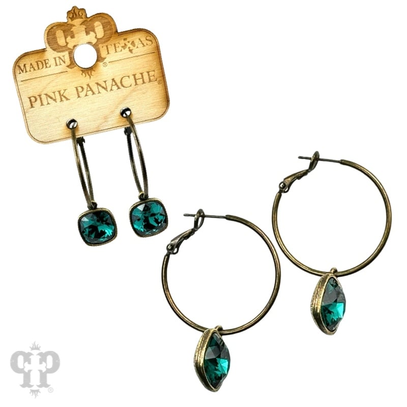 Square Austrian Crystal Hoop Earring - Emerald