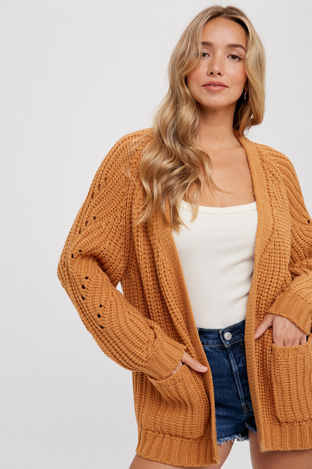 Chunky Pointelle Open Front Cardigan Camel — alternate view 6