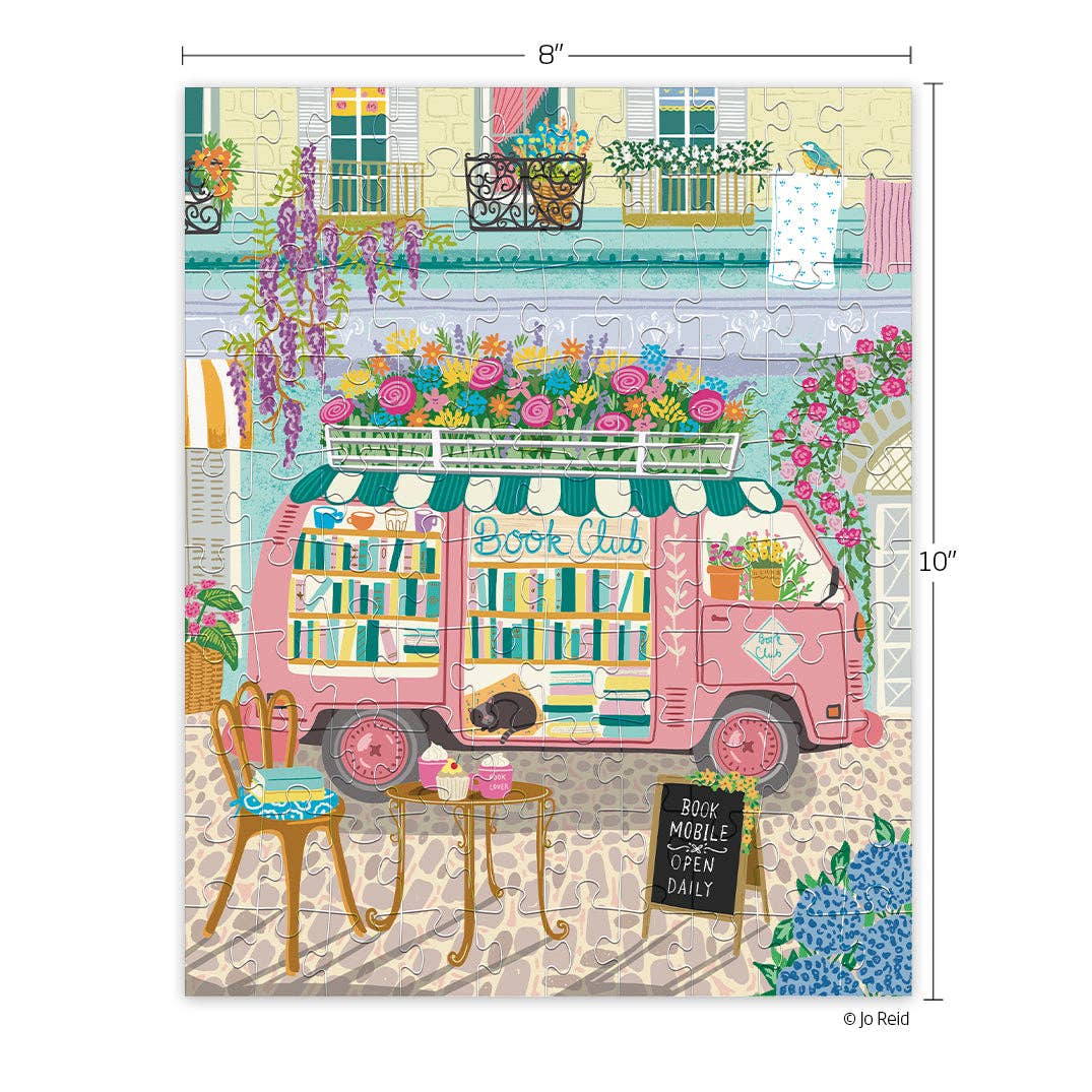 Illustration of a pink bookmobile with books and flowers, surrounded by a colorful street scene, with dimensions 8x10 inches.