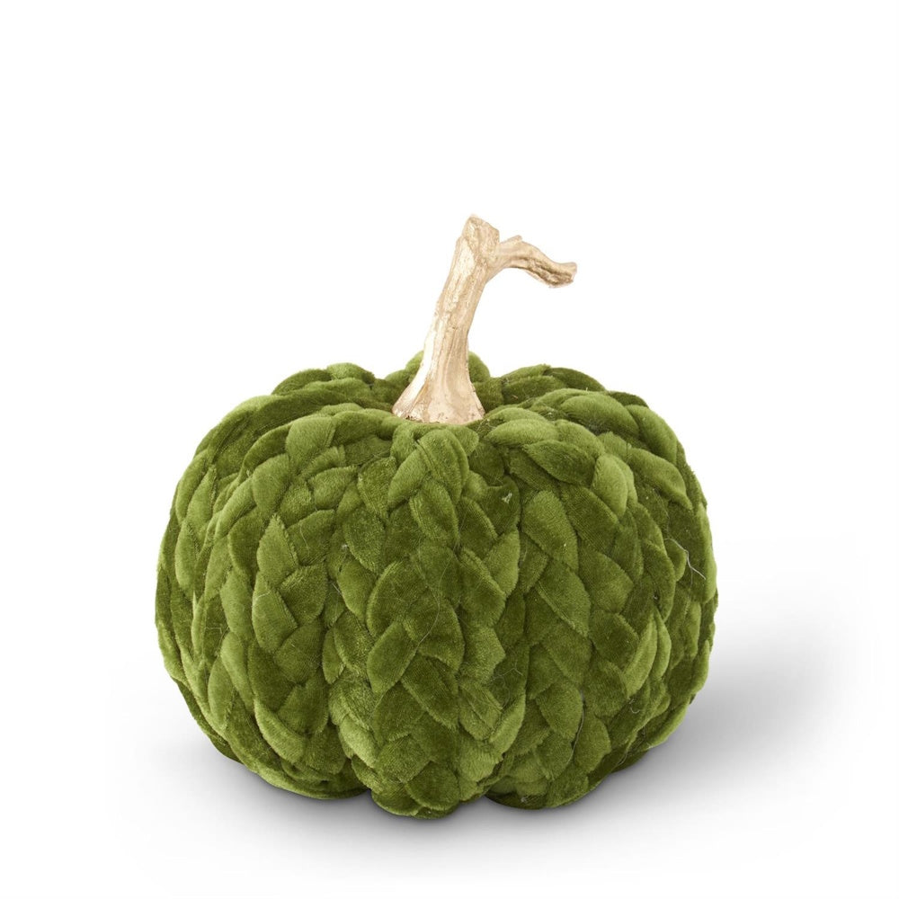 A braided olive green velvet pumpkin decor piece with a gold stem, isolated on a white background.