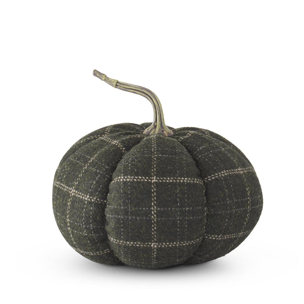 A dark green fabric pumpkin with a light-colored plaid pattern and a curved stem on a white background.