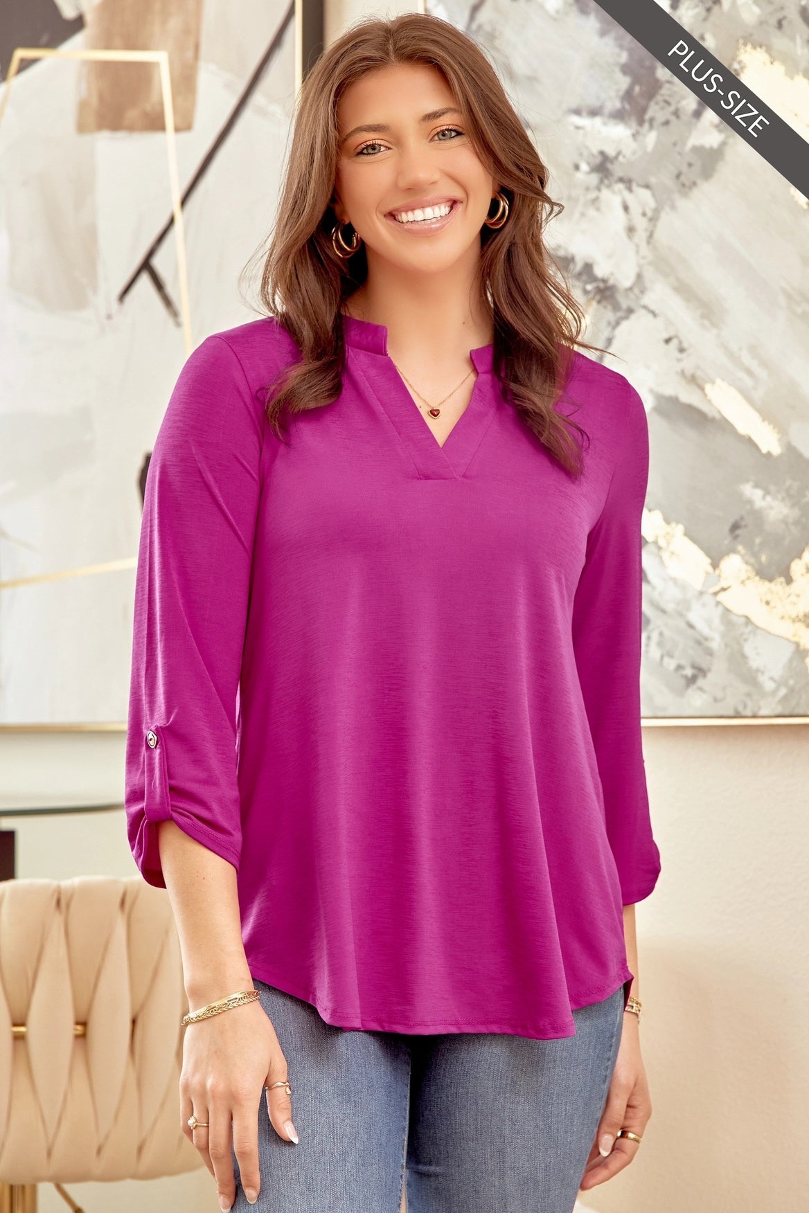 Hot Magenta Solid Wrinkle Free 3/4 Sleeve Top Lizzy 3X