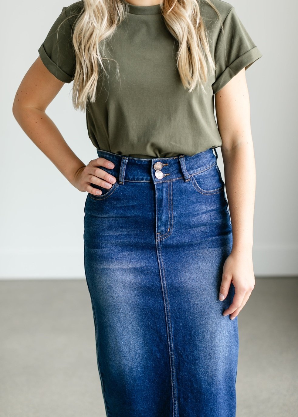 Greta Medium Wash Midi Denim Skirt — alternate view 2