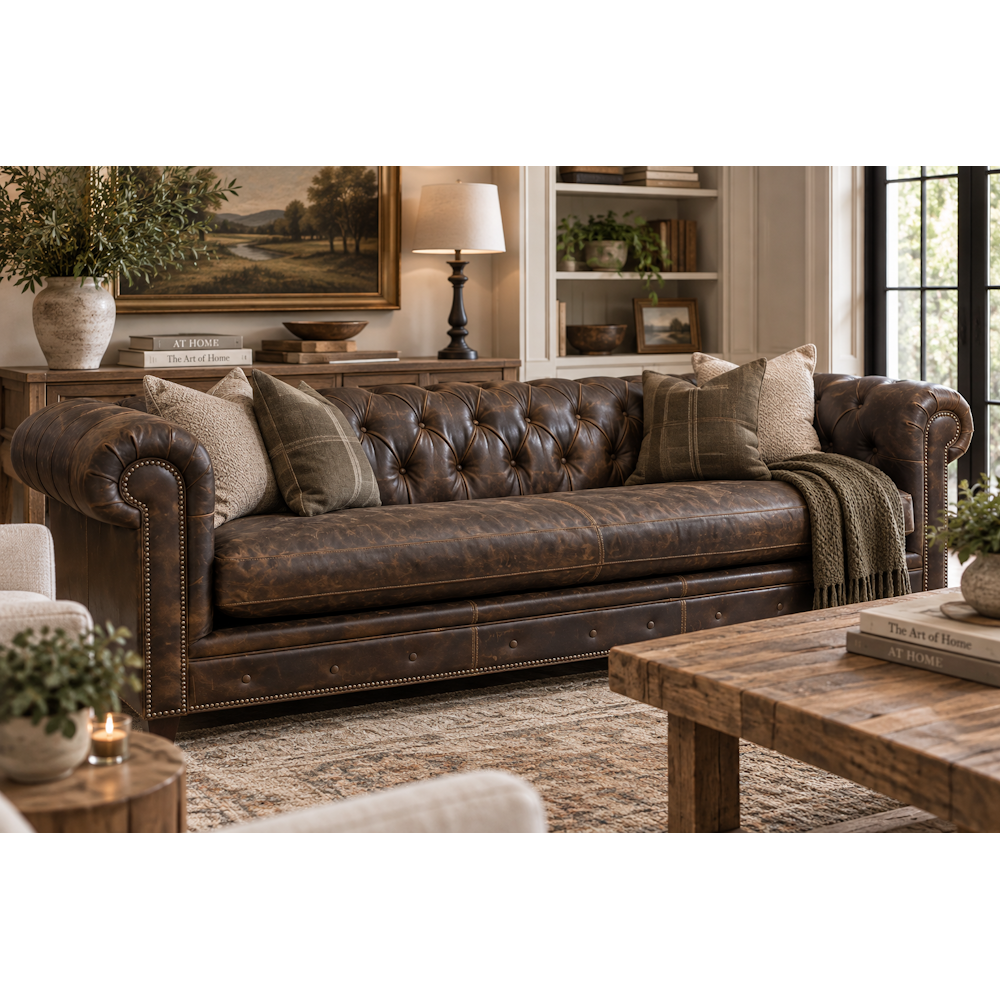 Living room featuring a brown leather Chesterfield sofa, throw pillows, blanket, and rustic wooden coffee table.