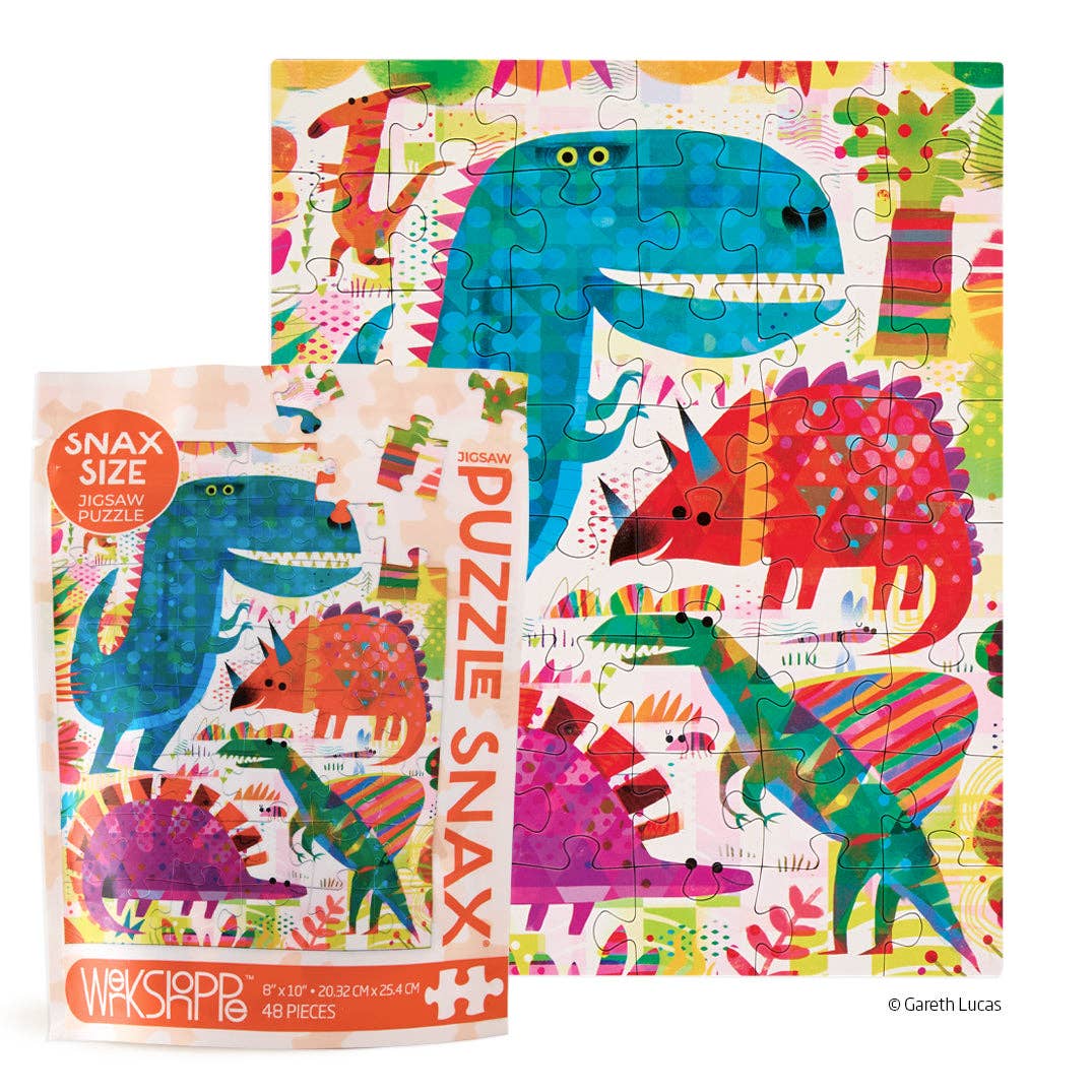 Colorful dinosaur puzzle with packaging on a white background
