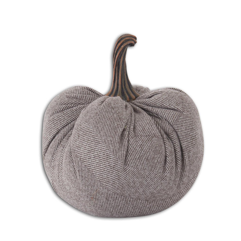 A gray and white herringbone fabric pumpkin decor with a twisted brown stem on a white background.