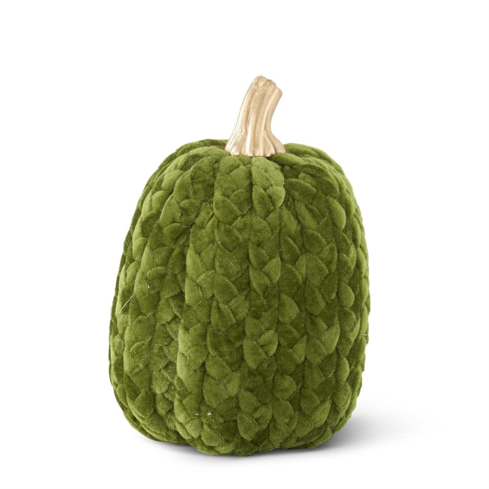 Green braided velvet pumpkin decor with a gold stem on a white background.