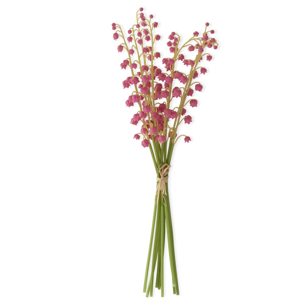 9-stem bundle of mauve real-touch artificial lily of the valley flowers tied with a natural raffia twine.