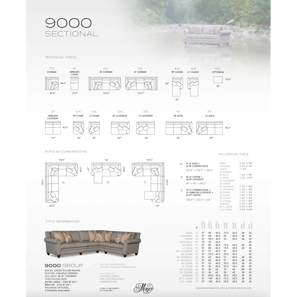 Dimension specification sheet for the 9000 Sectional series showing configuration options.