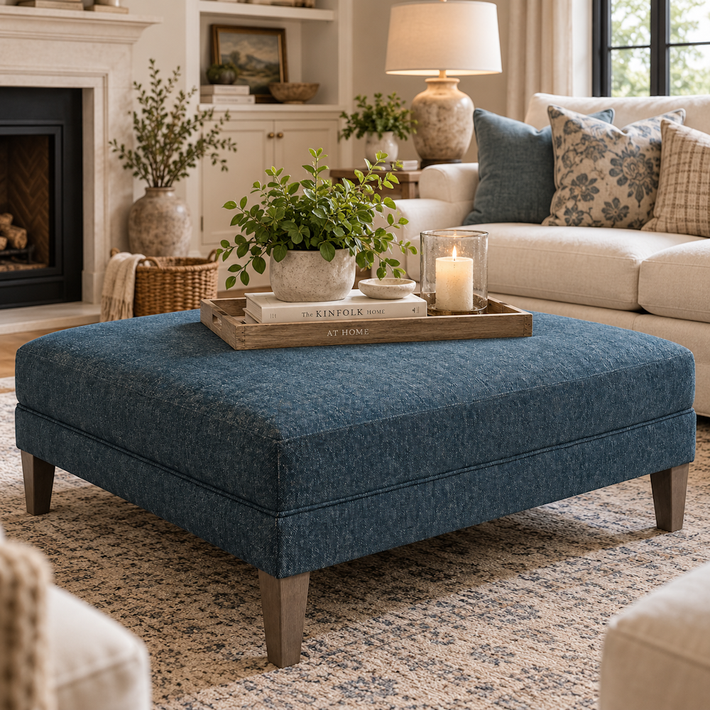 Dark blue square ottoman with a wooden tray, books, and candle in a cozy living room.