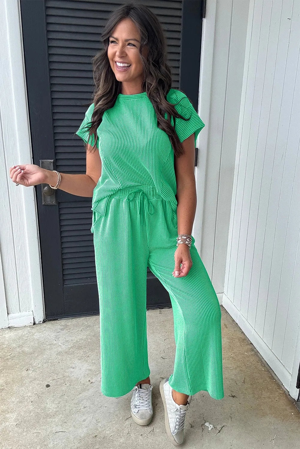 Solid Corded Short Sleeve Shirt and Wide Leg Pant Set