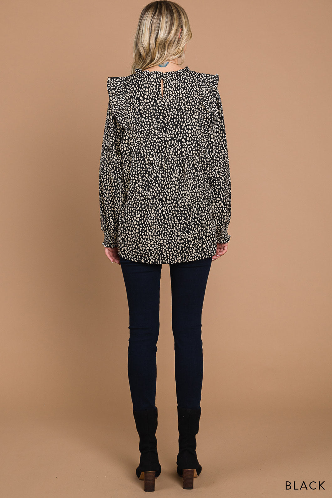 Women's Abstracted Animal Prints Ruffle Shoulder Top - Black — alternate view 2