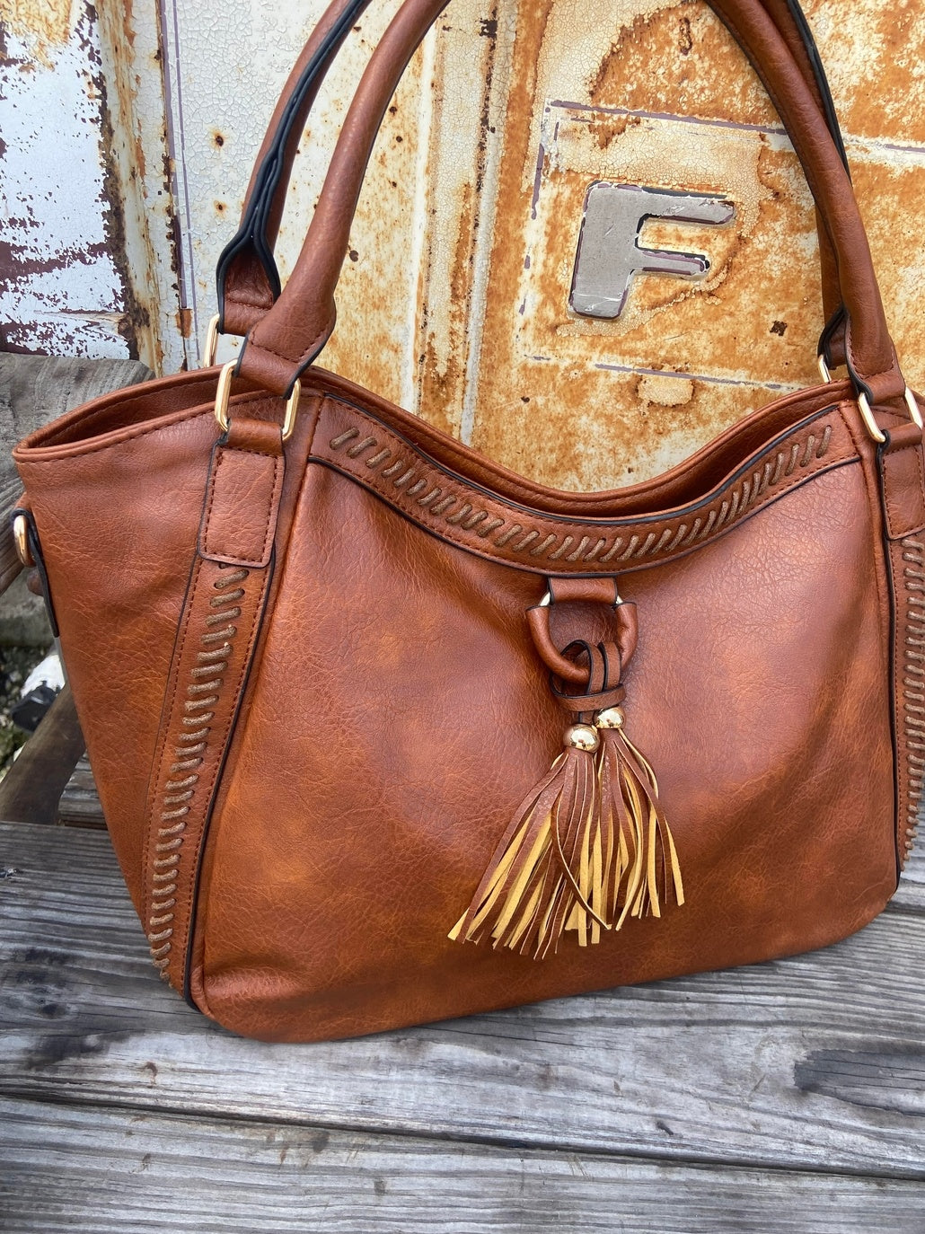 Cross Stitched Soft Leather Purse Tote — alternate view 2