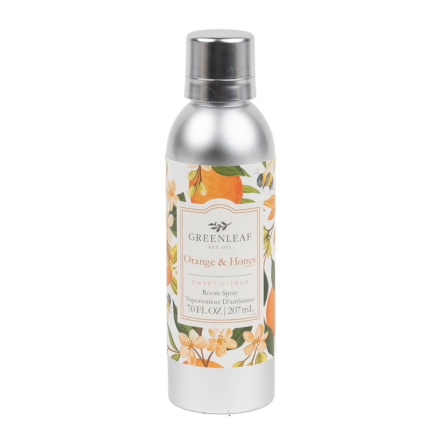 Silver bottle with floral design and 'Greenleaf' branding on a white background orange & honey
