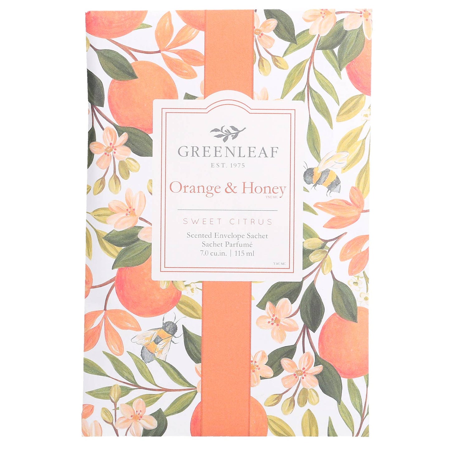 Greenleaf Orange & Honey scented envelope sachet packaging with floral design