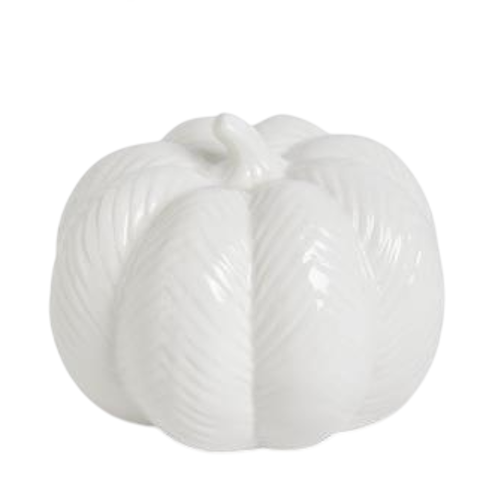 White ceramic pumpkin with a textured chevron pattern and glossy finish.