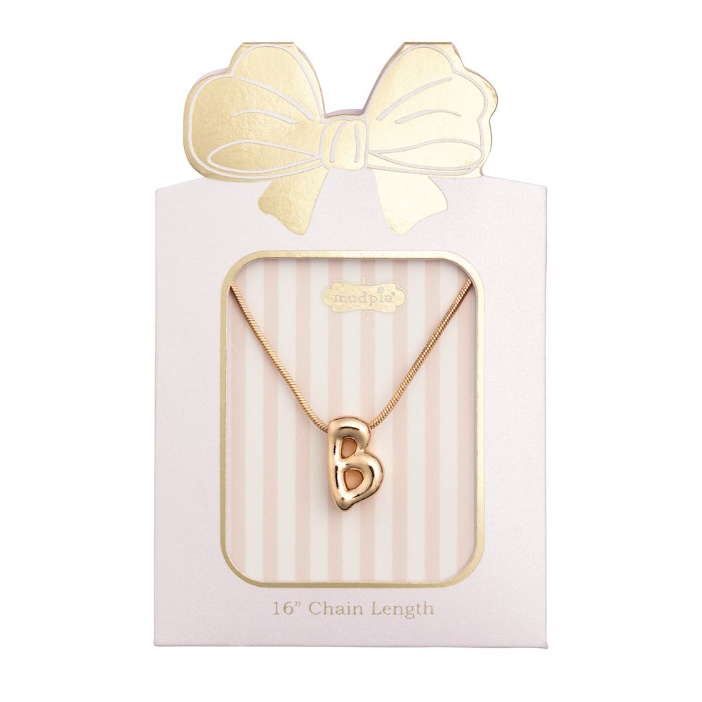 Gold puffy initial "B" pendant necklace on a chain, packaged on a pink bow gift card.