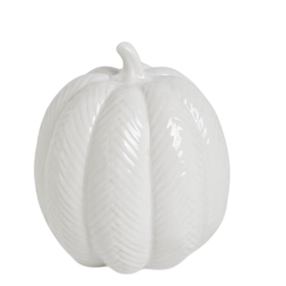 White ceramic pumpkin with embossed chevron texture and glossy finish.