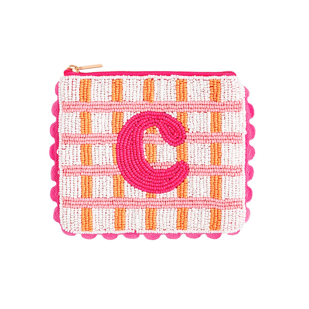 Beaded plaid pouch featuring a pink initial "C" in the center with scalloped trim.