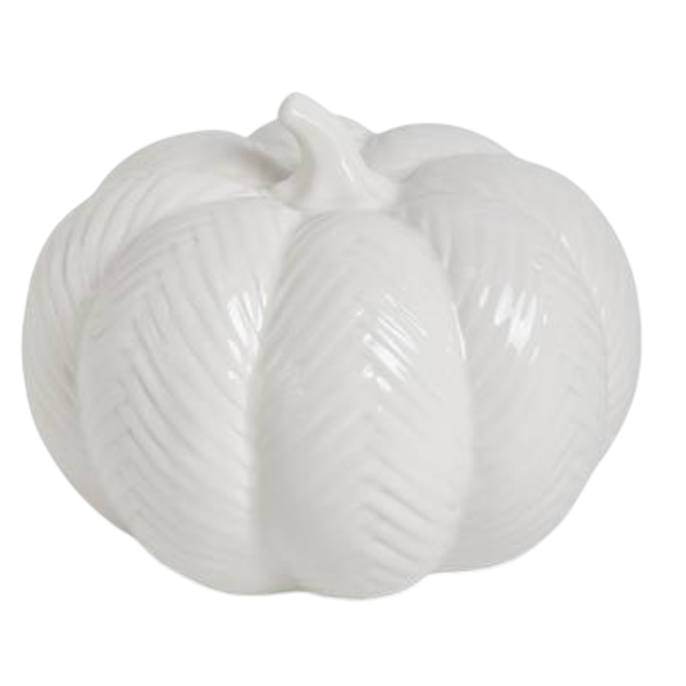 White ceramic pumpkin with embossed chevron texture and glossy finish.