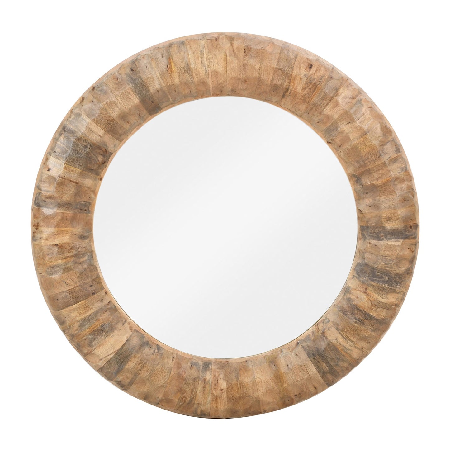 Round mirror with a wooden frame on a white background