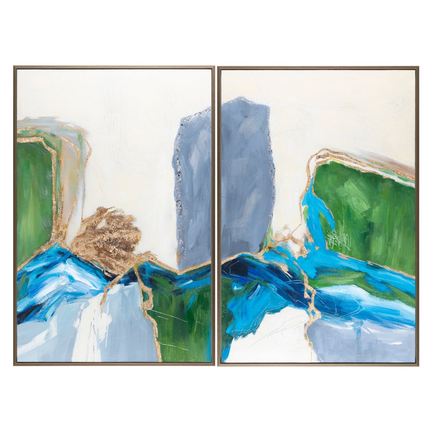 Two abstract art pieces with blue and green colors on a white background