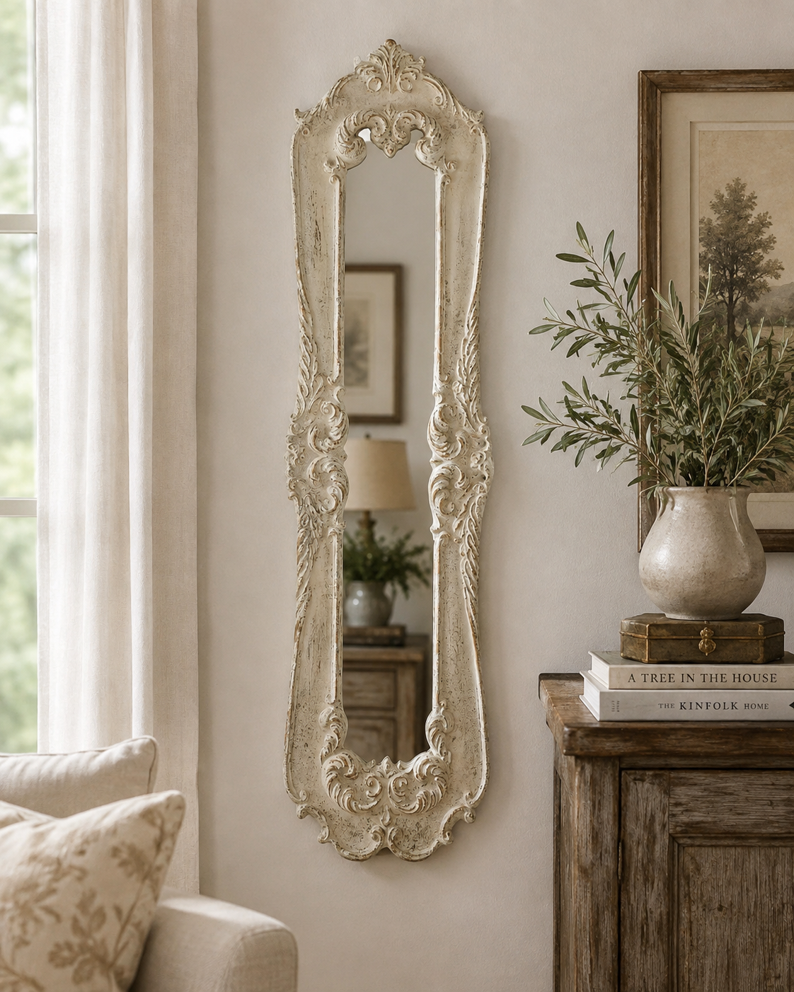 Antiqued White Wood Ornate Mirror