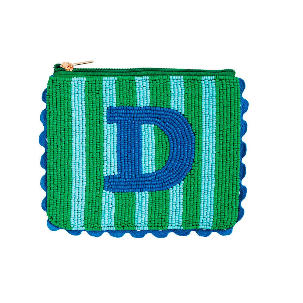 Beaded zippered pouch with green and light blue stripes, a dark blue letter "D," and scalloped trim.