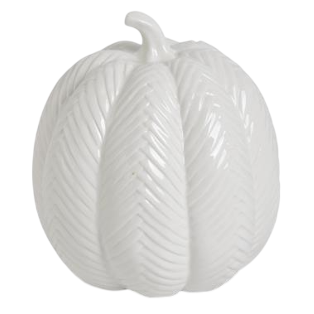 Glossy white ceramic pumpkin with a textured, embossed chevron pattern.