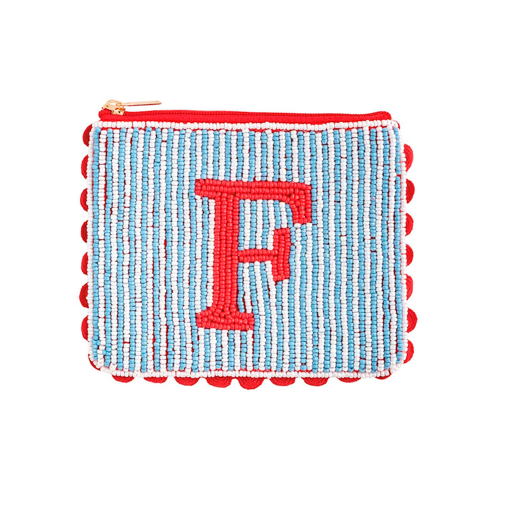 Beaded pouch featuring a red initial "F" on a light blue and white striped pattern.