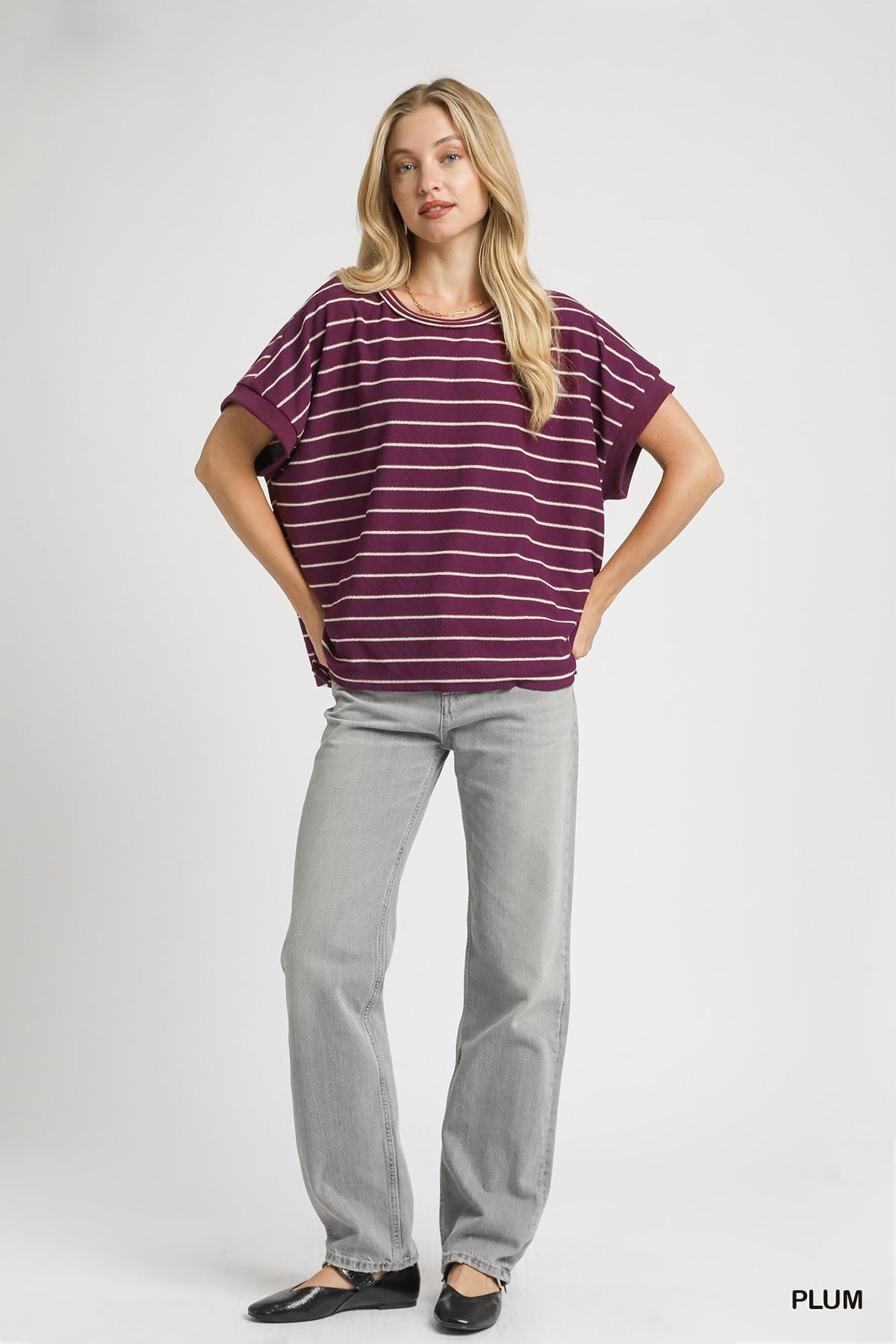 French Terry Striped Rolled Sleeve Knit Tee — alternate view 2