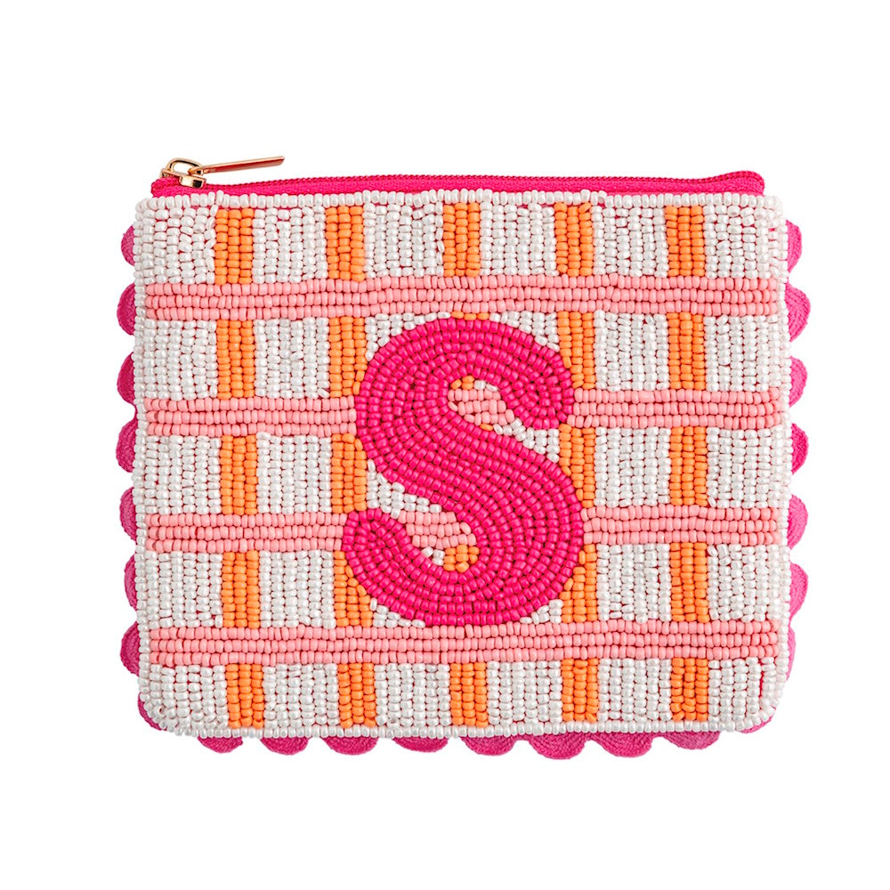 Beaded pouch featuring pink, white, and orange plaid with a bold pink initial "S" and scalloped edge.