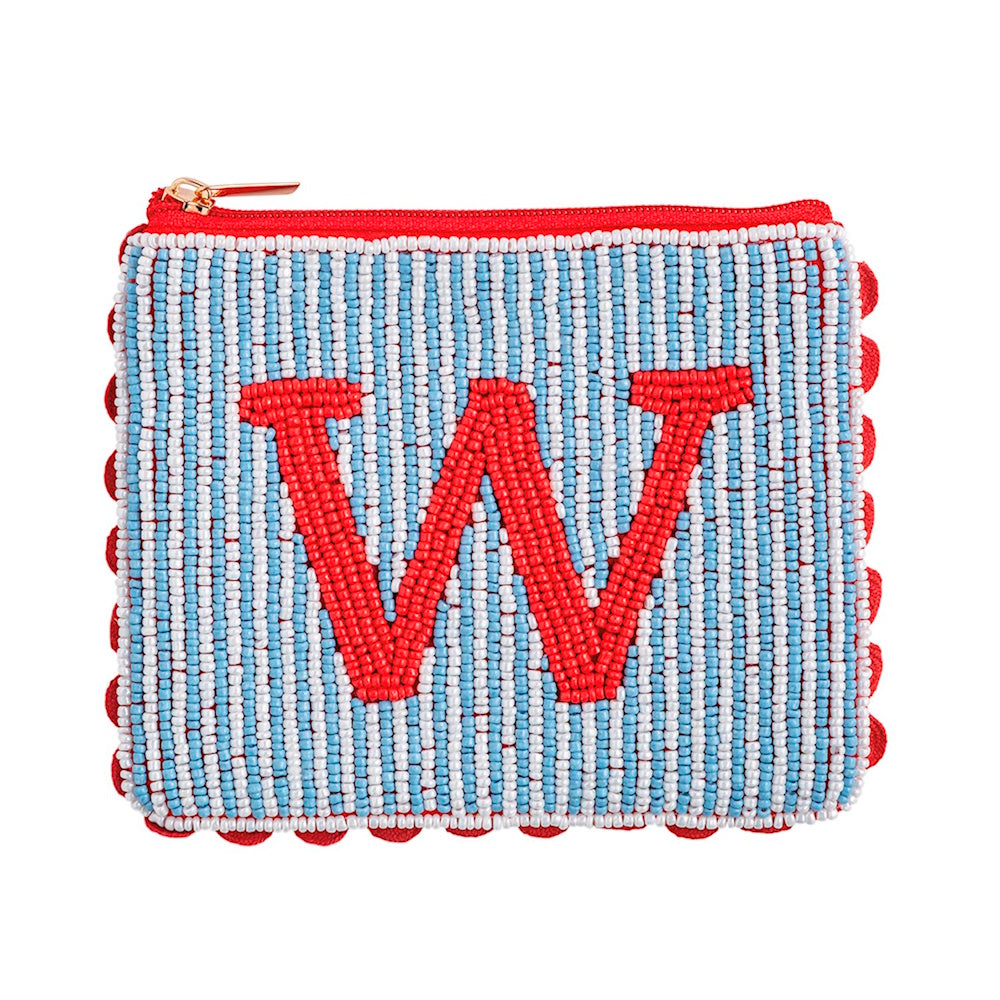 Beaded pouch with blue and white stripes, red scalloped trim, and a centered red initial letter W.