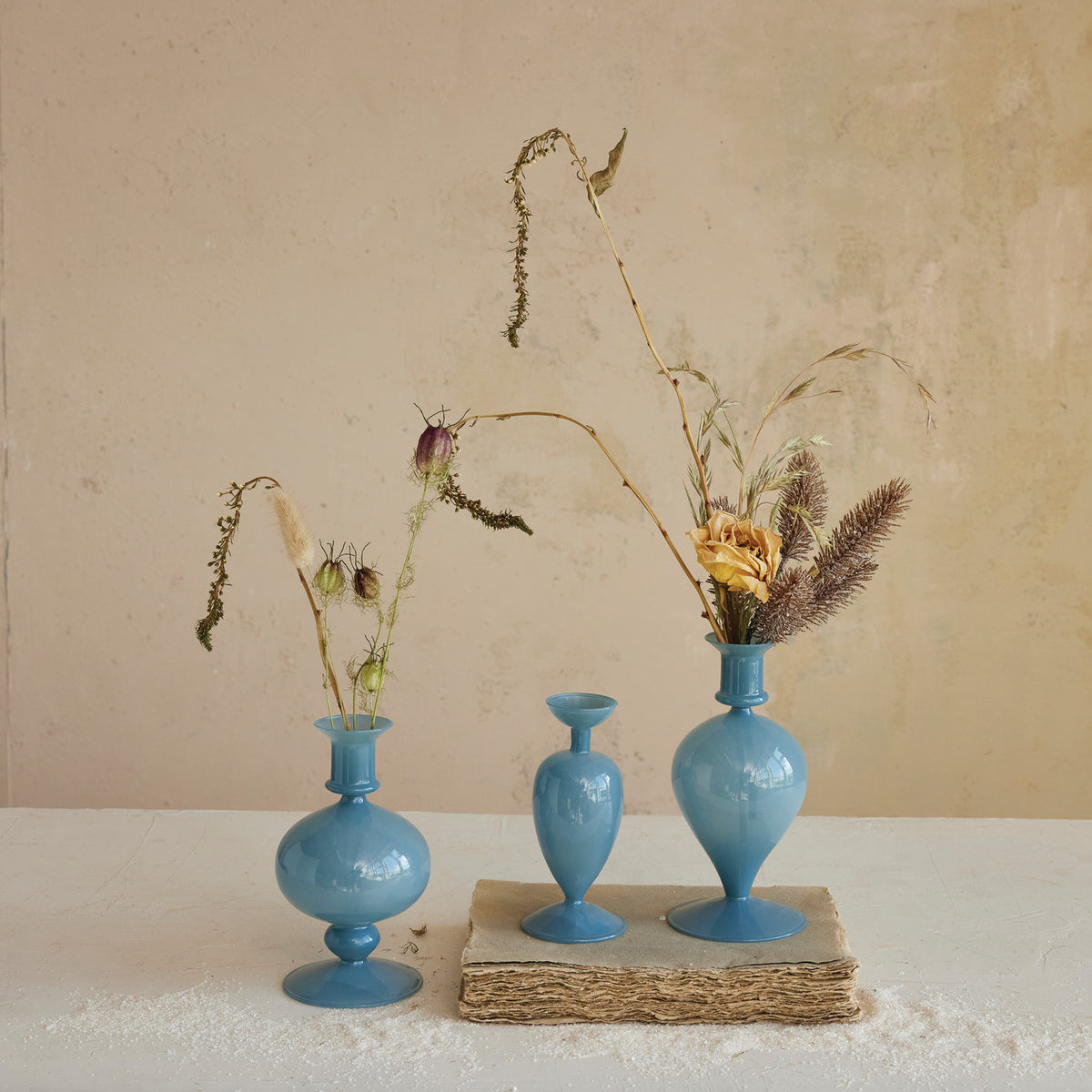 Set of 3 Opaque Blue Glass Vases