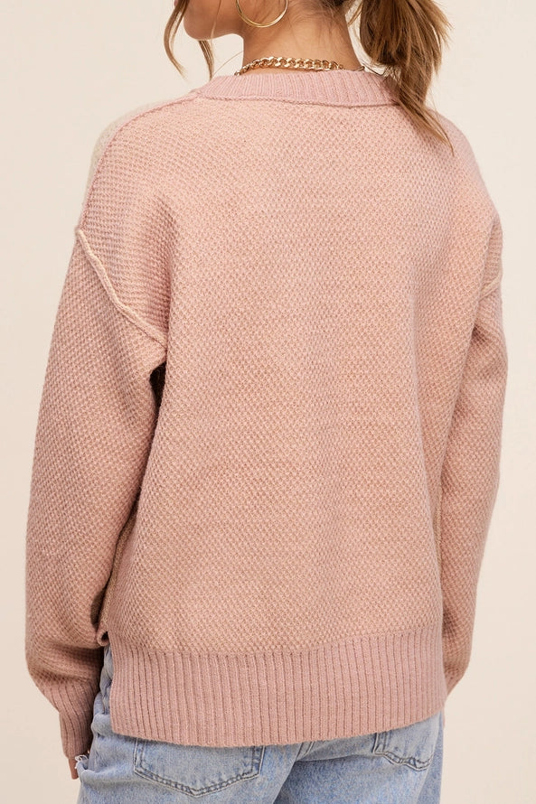 Loose Fit Color Block Textured Round Neck Sweater Beige Pink — alternate view 3