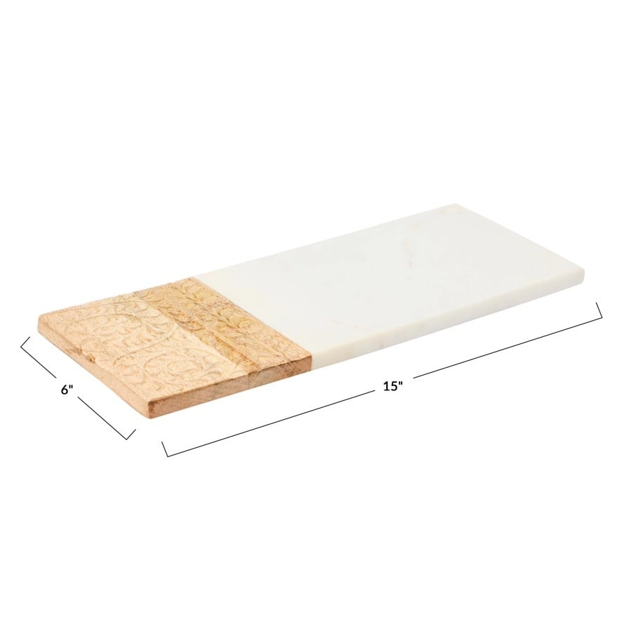 Hand-Carved Mango Wood & Marble Serving Board with Engraved Design, White & Natural — alternate view 5