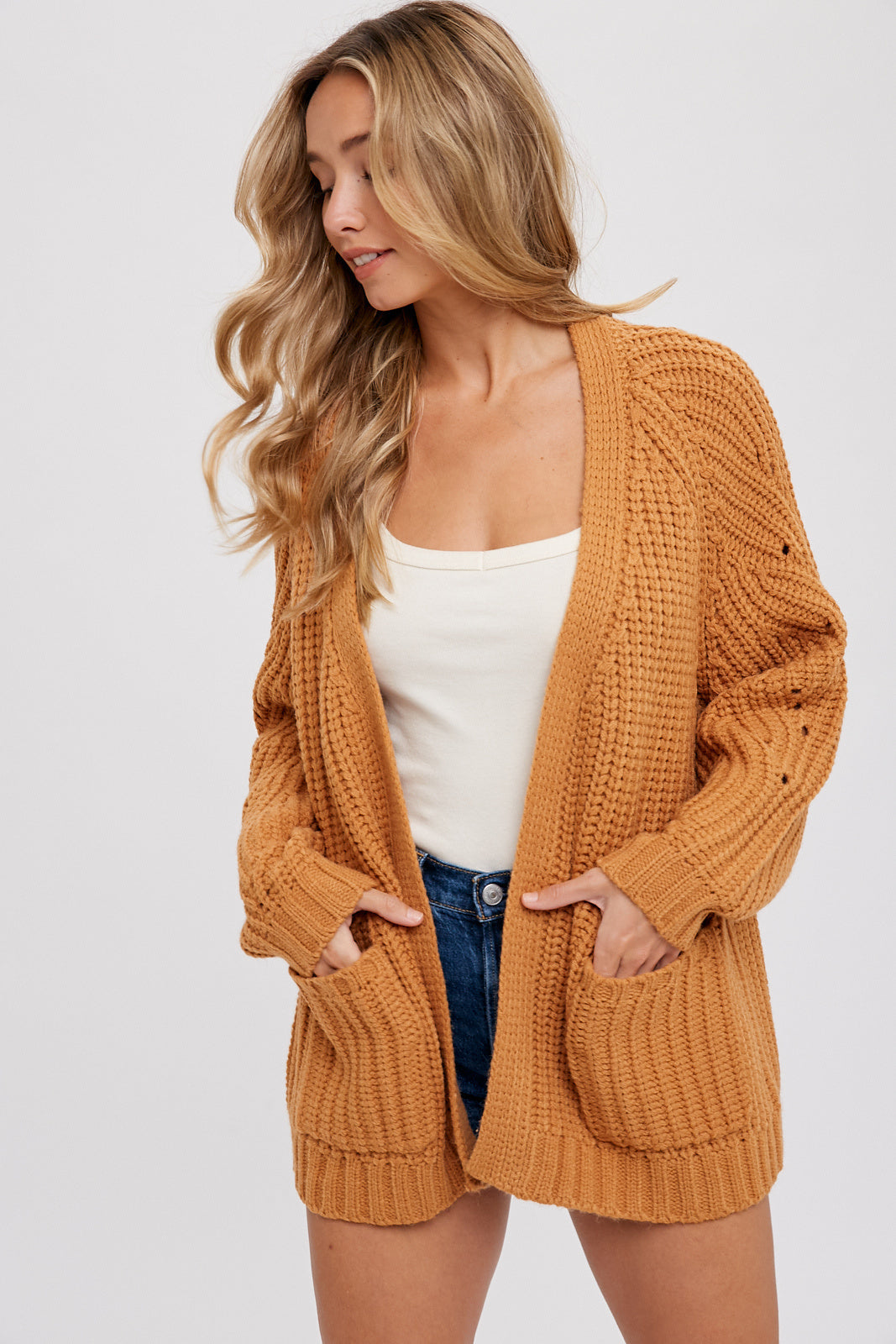 Chunky Pointelle Open Front Cardigan Camel — alternate view 4