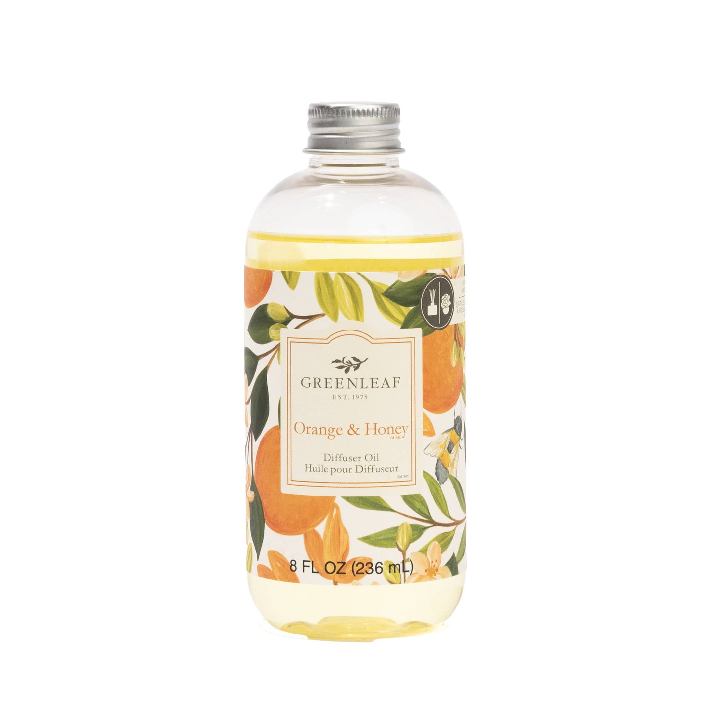 Greenleaf Orange & Honey diffuser oil bottle on a white background
