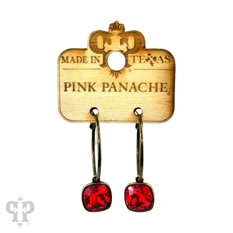 Square Austrian Crystal Hoop Earring - Red
