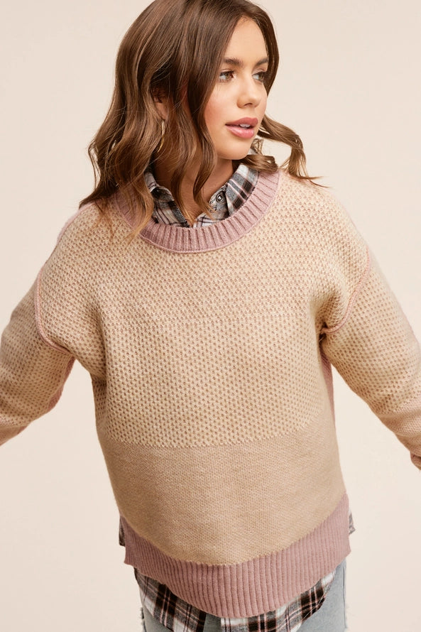 Loose Fit Color Block Textured Round Neck Sweater Beige Pink — alternate view 2