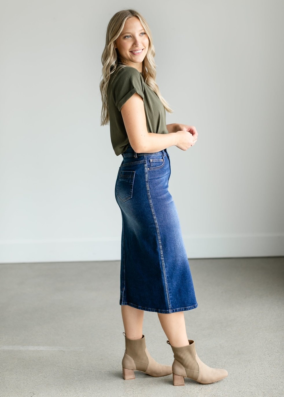 Greta Medium Wash Midi Denim Skirt — alternate view 3