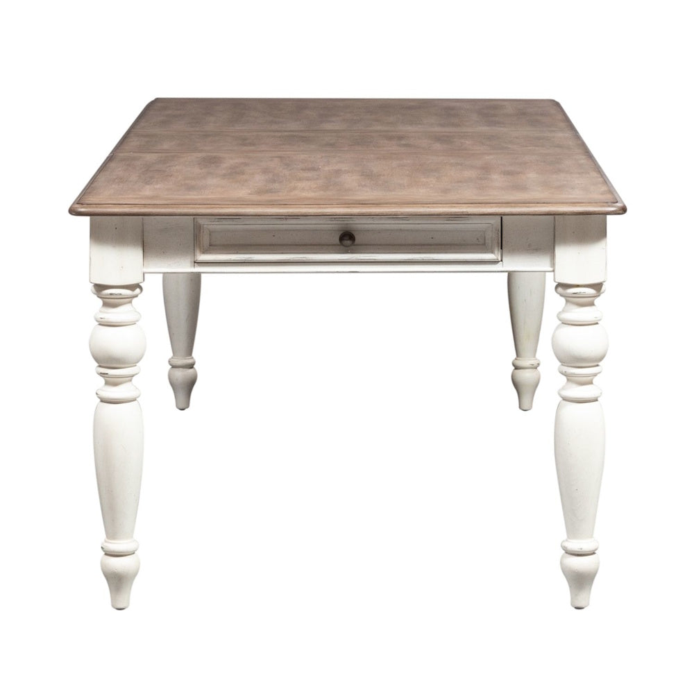Rectangular wooden dining table with a brown top, white turned legs, and a center drawer.