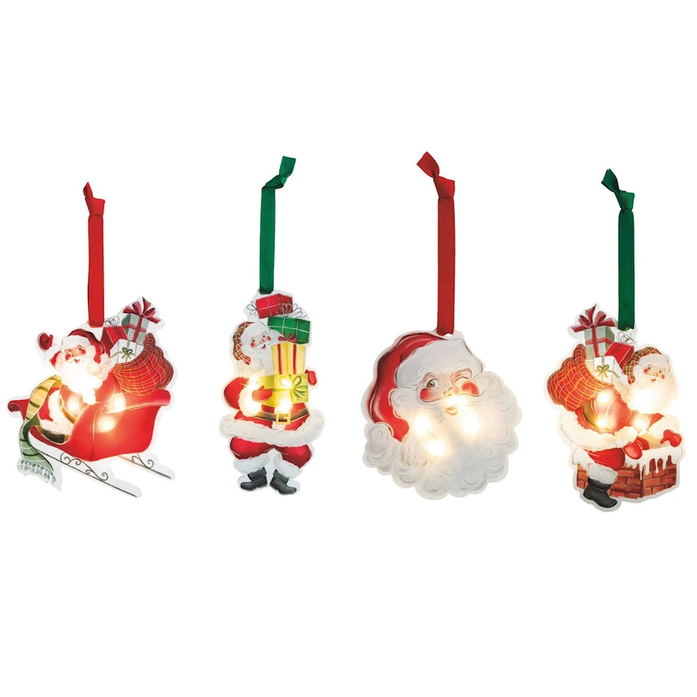 Set of 4 vintage-style illuminated acrylic Santa Christmas tree ornaments with hanging ribbons.