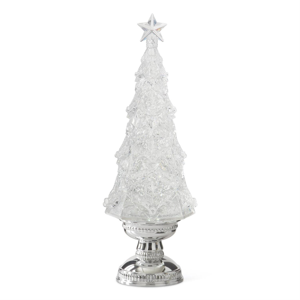 An acrylic silver water-spinning LED Christmas tree figurine topped with a clear star.