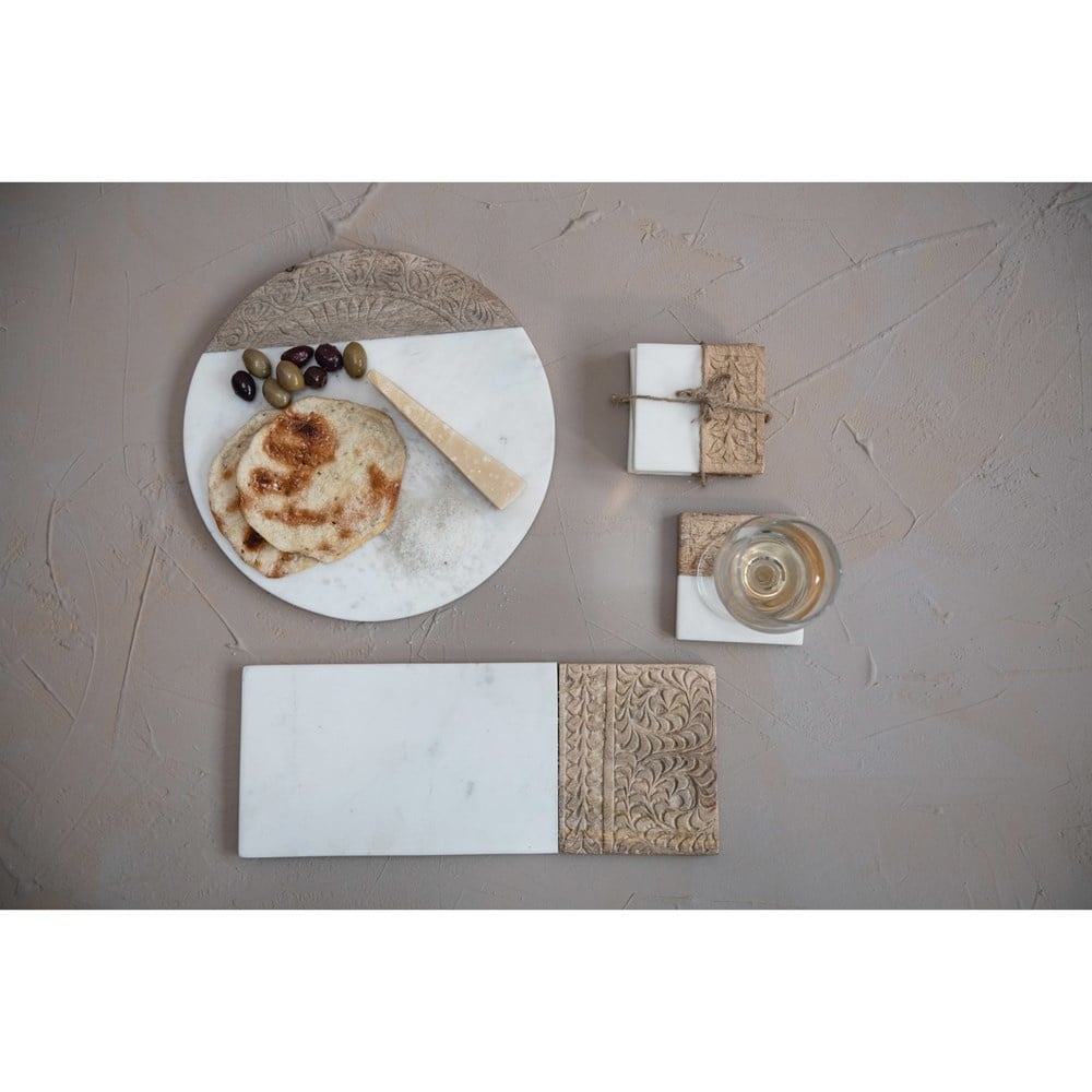 Hand-Carved Mango Wood & Marble Serving Board with Engraved Design, White & Natural- Circular — alternate view 4